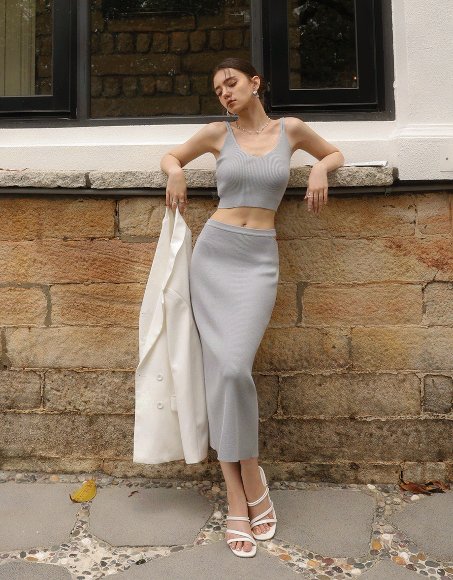 Double Shoulder Strap Ribbed Cami Top and Side Waist Cutout Knit Maxi Skirt Set Wear
