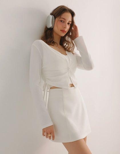 Cooling Fabric Side Ruched Button Cardigan and Adjustable Padded Bra Top Set Wear