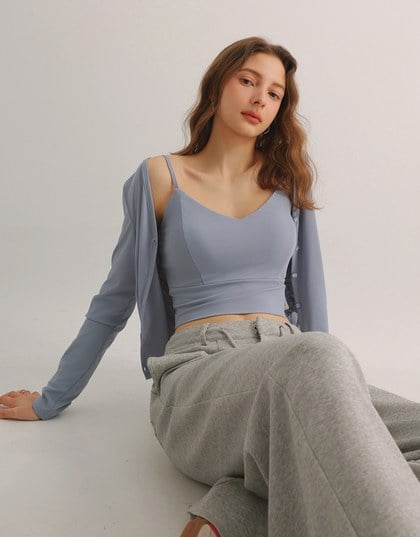 Cooling Fabric Side Ruched Button Cardigan and Adjustable Padded Bra Top Set Wear