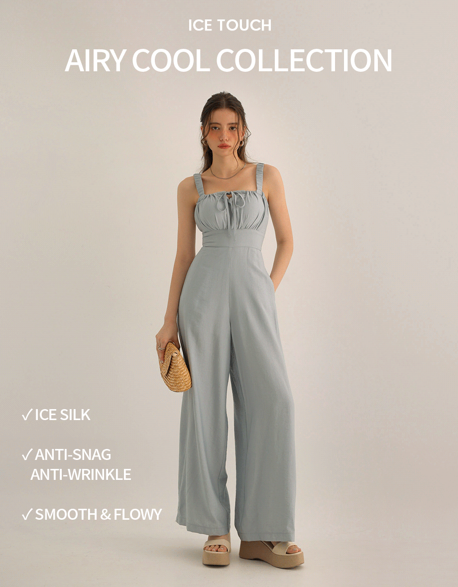 Cooling Fabric Ruched Front Wide Leg Jumpsuit with Back Cutouts Detail