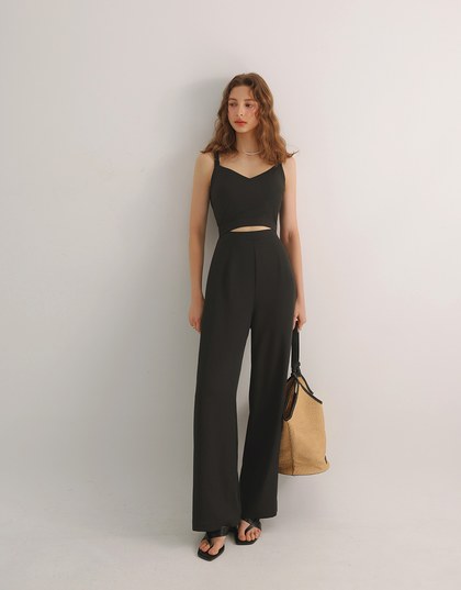 Contrast Spaghetti Strap Waist Cut Out Wide Leg Padded Jumpsuit
