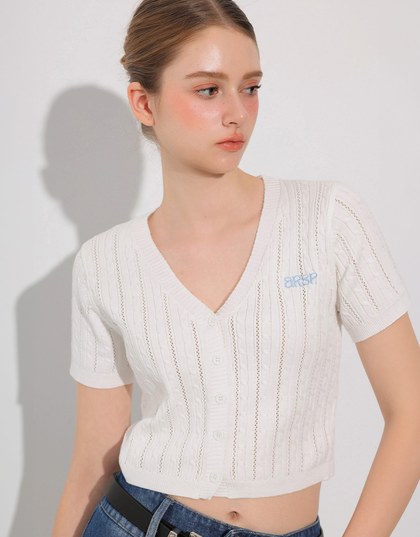 Cable Knit Cropped Cardigan Top with AIR SPACE Logo Embroidered