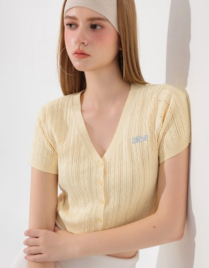 Cable Knit Cropped Cardigan Top with AIR SPACE Logo Embroidered