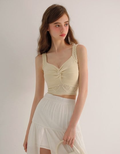 Twist Front Knit Crop Tank Top with Heart Pattern Hem Detail