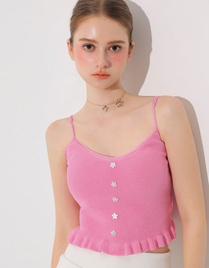 Ruffle Hem Knit Crop Cami Padded Top with Floral Buttons