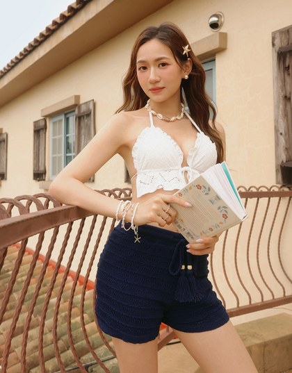 【GUT GUT Design】 Open Knit Drawstring Cover Up Shorts with Fringe Tassel Detail