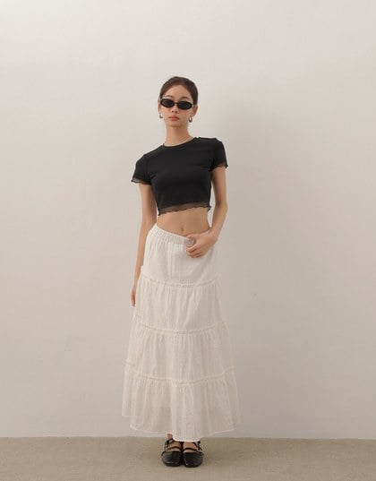 Layered Sheer Lettuce Edge Crew Neck Fitted Tee