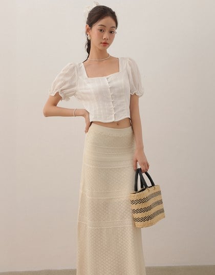Textured Stripe Puff Sleeve Cropped Top with Decorative Buttons