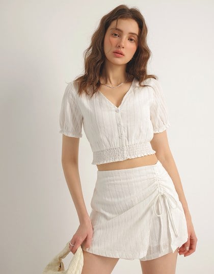 Ruched Waist Textured Stripe V Neck Cropped Top with Puff Sleeves