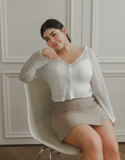 Sheer Daisy Embossed Knit V Neck Cardigan
