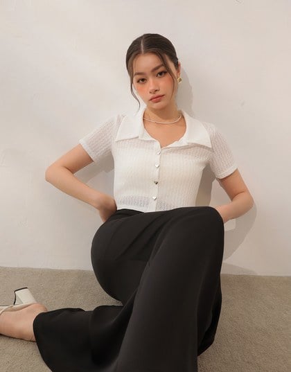 Sheer Knit Cropped Shirt with Heart Buttons and Lapel Collar