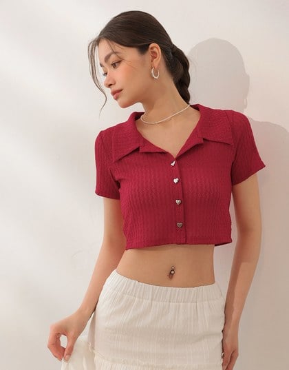 Sheer Knit Cropped Shirt with Heart Buttons and Lapel Collar