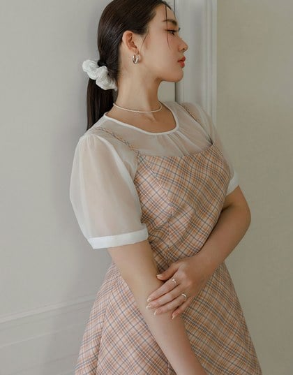 Puff Sleeve Transparent Mesh Top with Elegant Ribbon Back Design