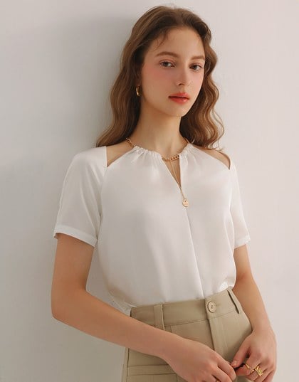 Soft Chiffon Cold Shoulder Top with Gold Chain Trim