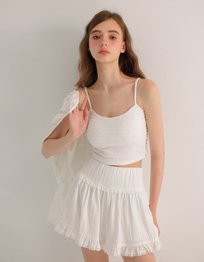 Stretchy Wavy Texture Ribbed Knit Spaghetti Strap Cropped Camisole Padded Top