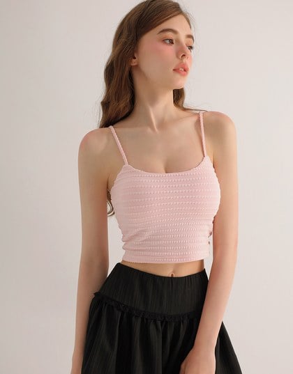 Stretchy Wavy Texture Ribbed Knit Spaghetti Strap Cropped Camisole Padded Top