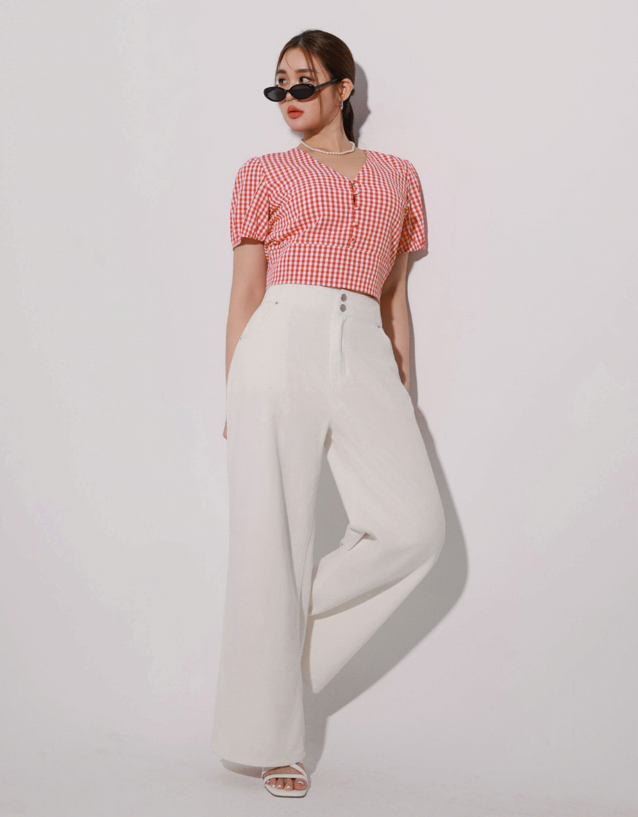 V Neck Gingham Crop Blouse with Puff Sleeves and Smocked Waistband
