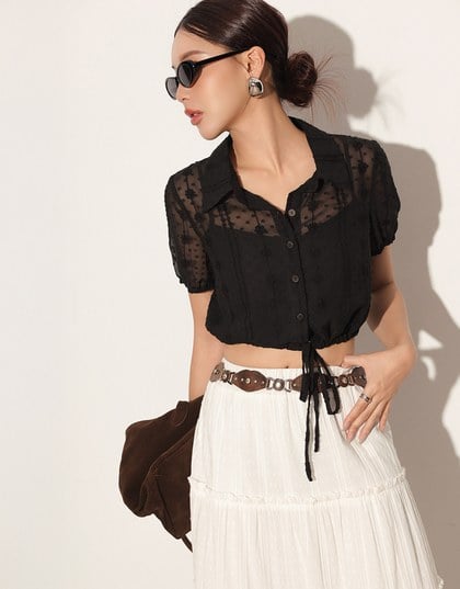 Dot Pattern Floral Lace Embroidered Puff Sleeve Cropped Shirt with Drawstring Hem