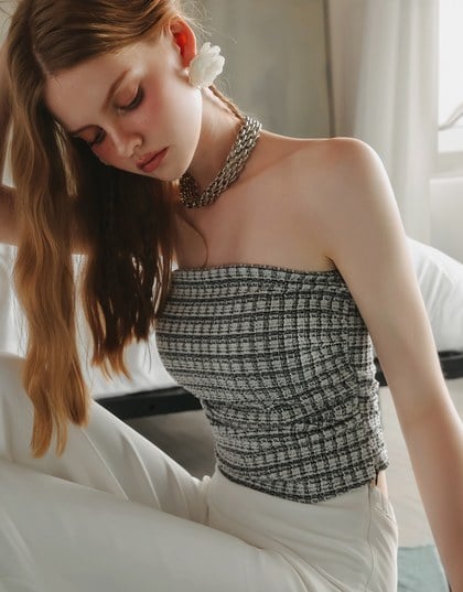 Elegant Tweed Check Textured Strapless Padded Cropped Tube Top