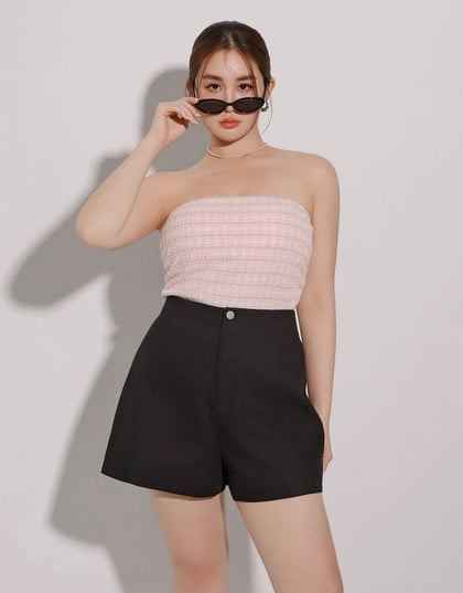 Elegant Tweed Check Textured Strapless Padded Cropped Tube Top