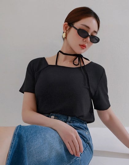 2WAY不對稱領口綁帶羅紋短TEE