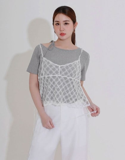 2WAY不對稱領口綁帶羅紋短TEE