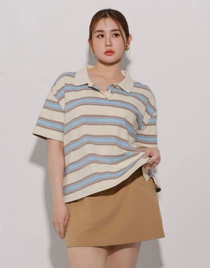 Oversized Polo Knit Top with Retro Stripes– Cream