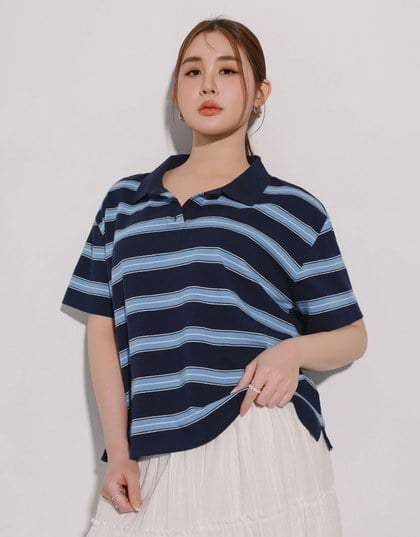Oversized Polo Knit Top with Retro Stripes– Navy