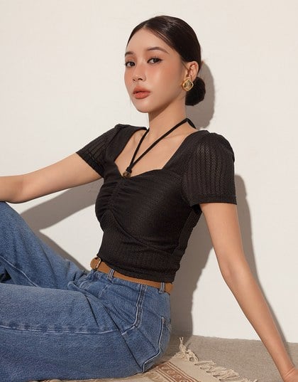Textured Ruched Front Puff Sleeve Crop Top with Beaded Tie Straps