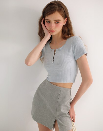Lettuce Hem Textured Knit Cropped Top with Pearl Button Detail