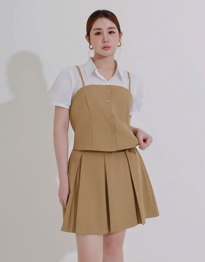Faux 2 Piece Puff Sleeve Shirt with Buttoned Camisole Overlay