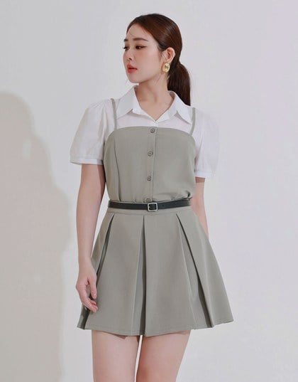 Faux 2 Piece Puff Sleeve Shirt with Buttoned Camisole Overlay