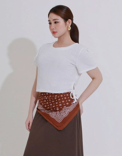 Waffle Knit Side Drawstring Short Sleeve Top