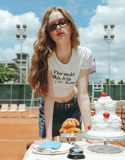 【Lyra & Toby】Embroidery Graphic Slogan Cropped Tee
