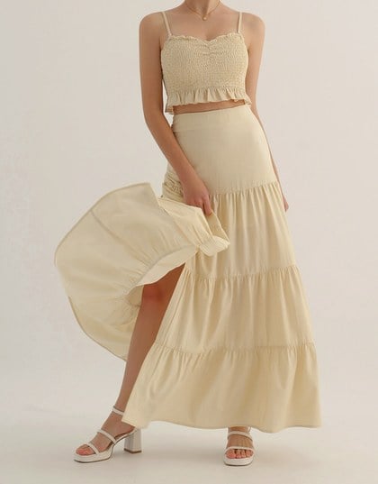 Ruched Striped High Waist Tiered Maxi Skirt with Slit Detail