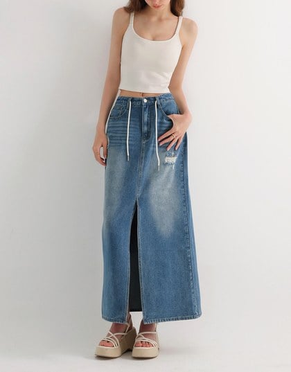 High Waist Distressed Front Slit Jeans Denim Maxi Skirt with Drawstring Detail