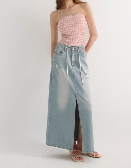High Waist Distressed Front Slit Jeans Denim Maxi Skirt with Drawstring Detail