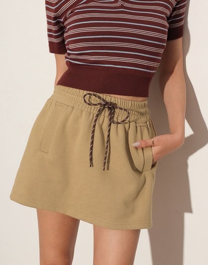 Drawstring Low Waist Cotton Mini Skirt with Side Pockets