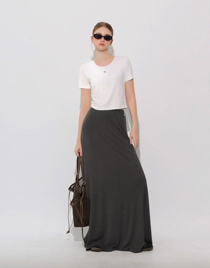 Logo Embroidered Slim Fit Flared Maxi Skirt