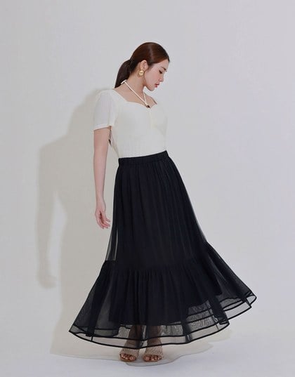 Mesh Overlay Flowy Hem Tiered Maxi Skirt