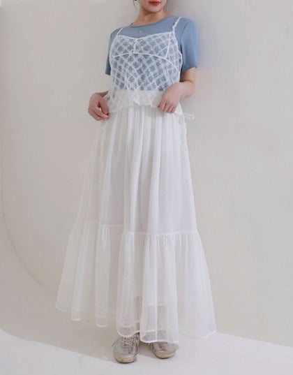 Mesh Overlay Flowy Hem Tiered Maxi Skirt