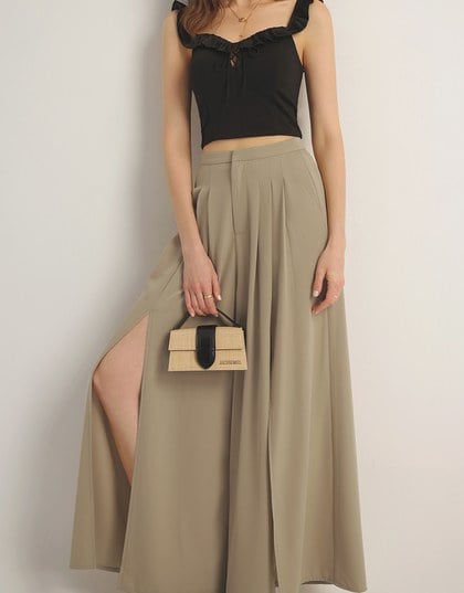 Front Slit Flowy Pleated Wide Leg Pants