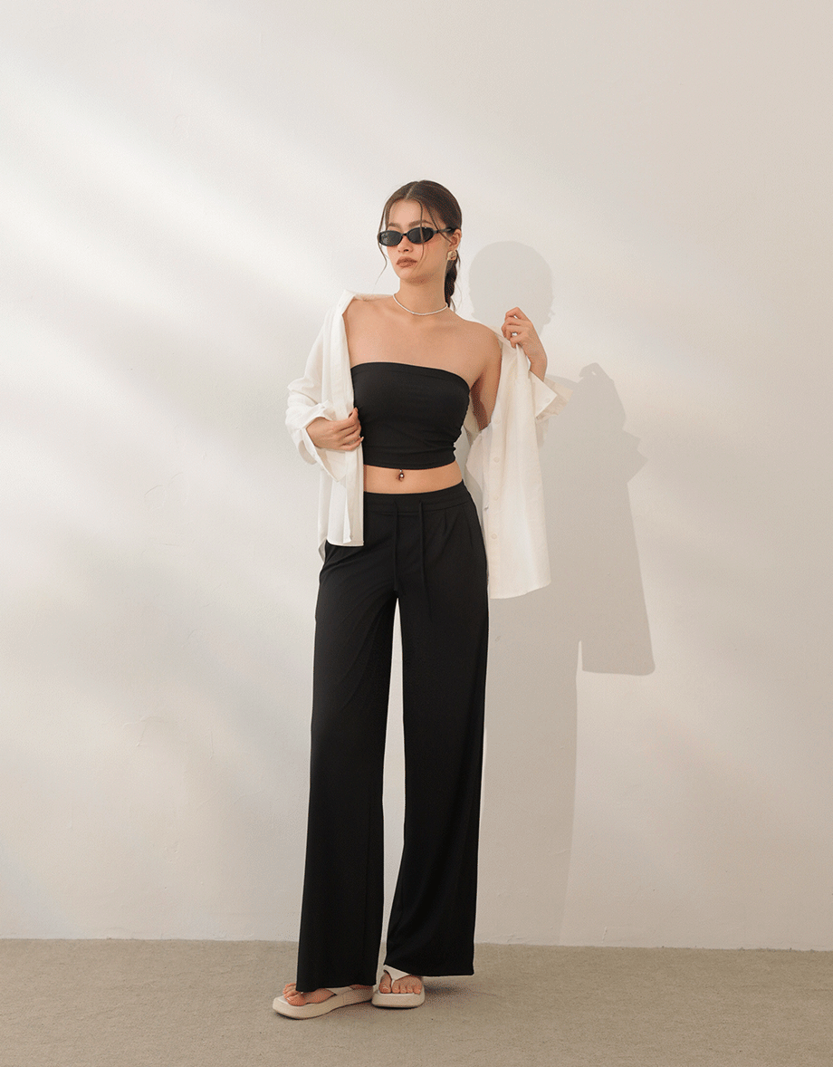 Cooling Fabric Front Pleated Wide Leg Pants with Drawstring Detail