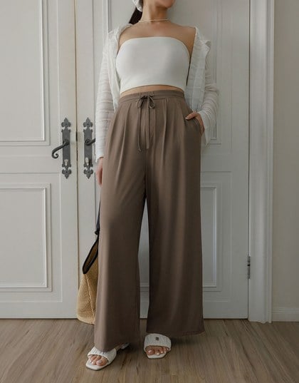 Cooling Fabric Front Pleated Wide Leg Pants with Drawstring Detail