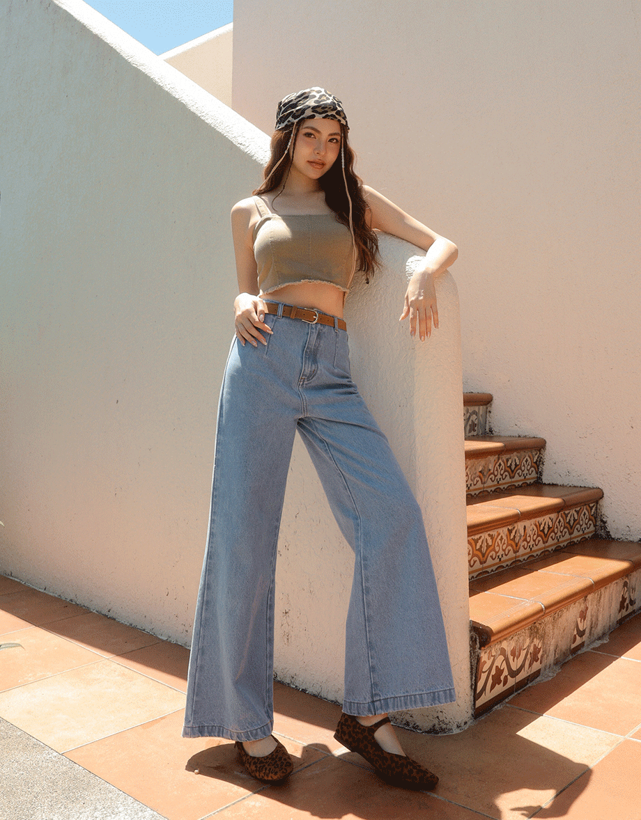 Retro High Waist Wide Leg Jeans Denim Pants with Belt