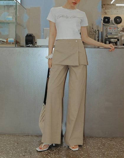 Faux 2 Piece Skirt Overlay Wide Leg Pants