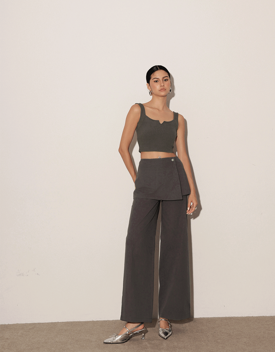 Faux 2 Piece Skirt Overlay Wide Leg Pants