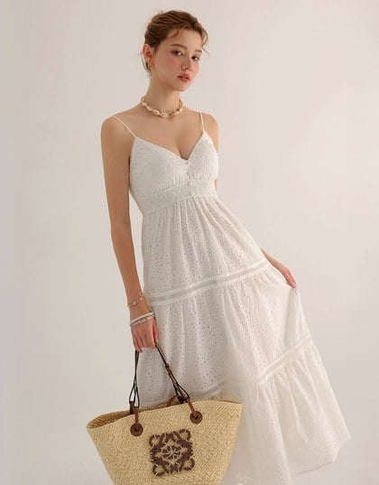 Boho Bohemian Style V Neck Eyelet Lace Tiered Padded Maxi Dress