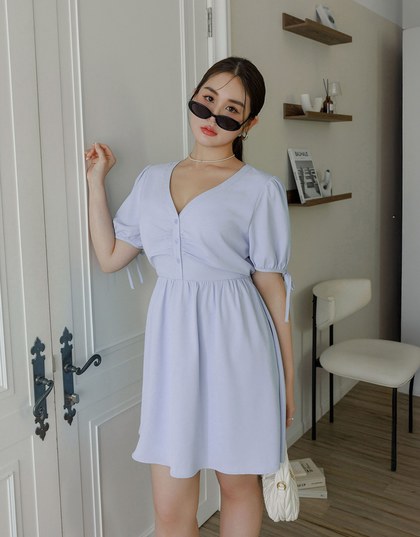 Ruched V Neck Puff Sleeve Flare Mini Dress