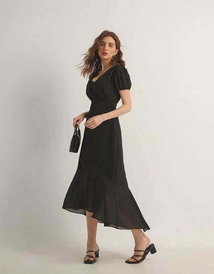V Neck Sheer Puff Sleeve Padded Maxi Dress with Draped Asymmetrical Hemline
